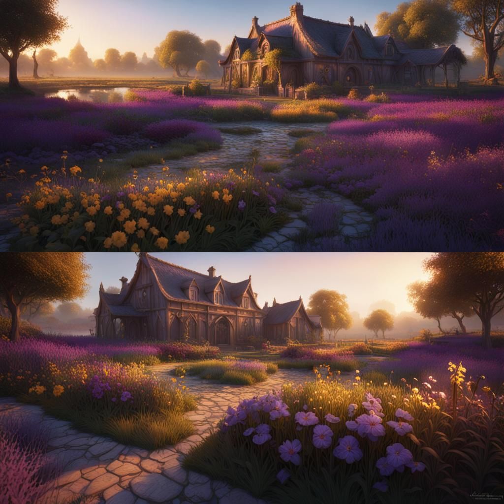 rural garden in golden hour