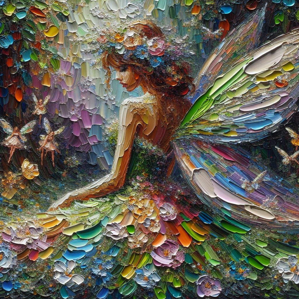 Highly textured impasto painting of a fairy