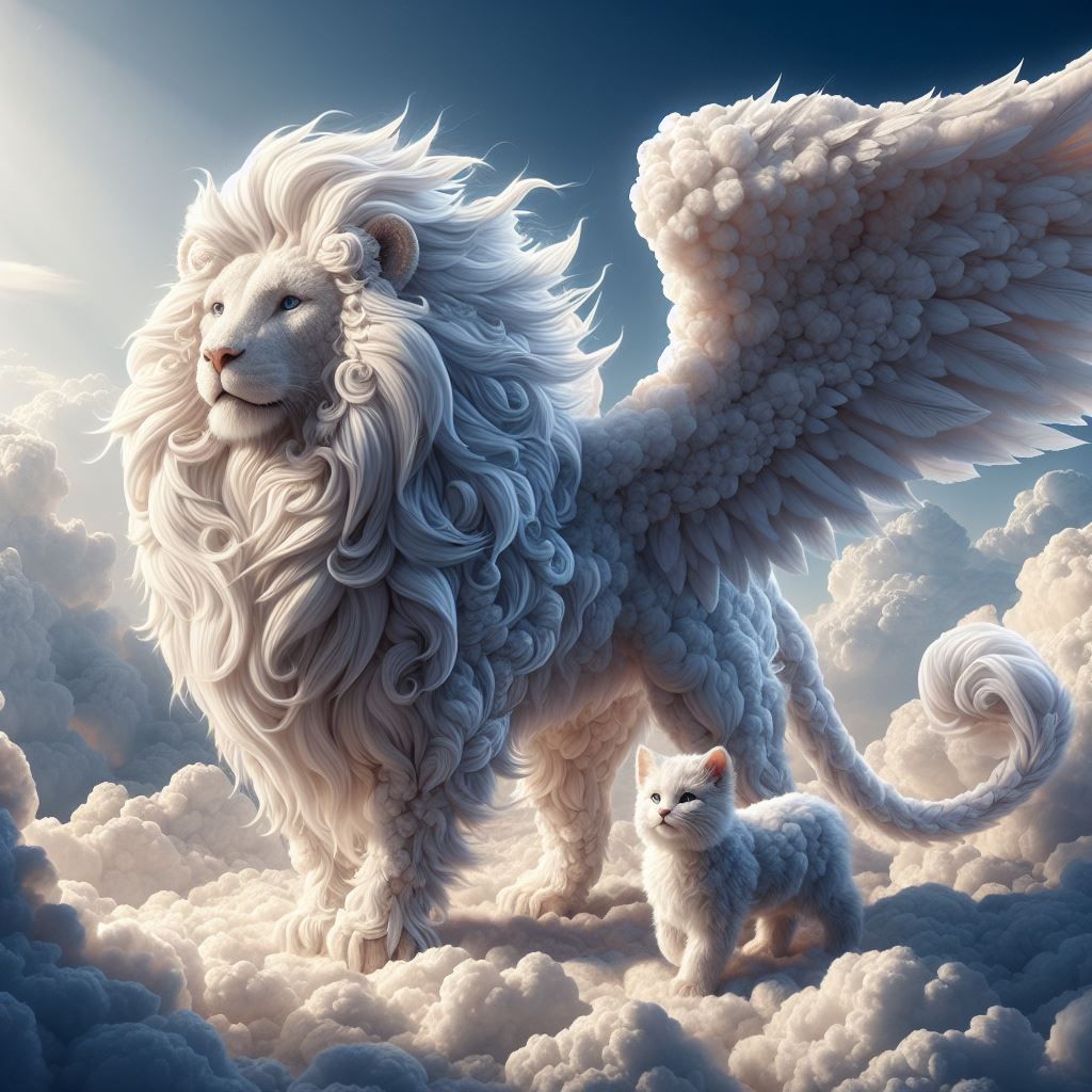 Majestic Cloud Lion and Kitten Ruling the Skies