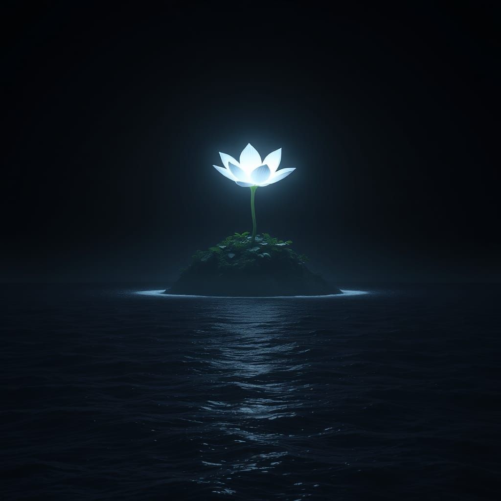 A quiet black ocean, with a small island in the center of which grows a huge flower glowing with white light. The sea is completely still, a...