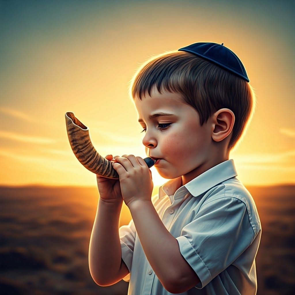 Boy Blowing Shofar in Matte Painted Landscape