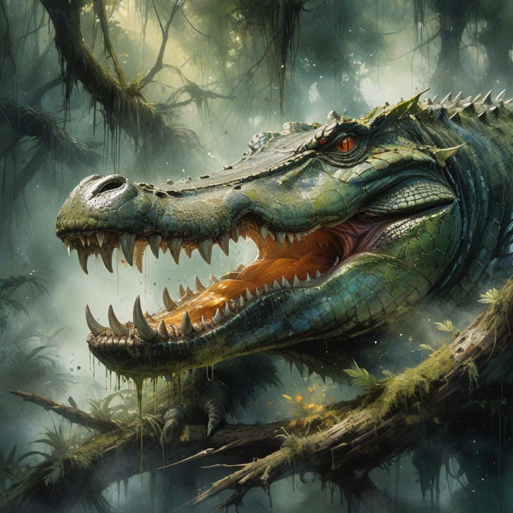 Mythic Tension: The Crocodile’s Awakening in a Dreamlike Jungle  by @RC