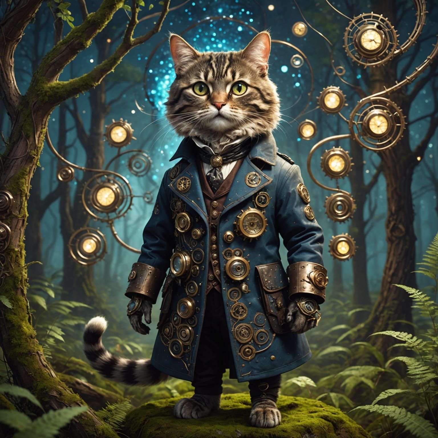 a steampunk cat with lots of circles and spirals in his coat...