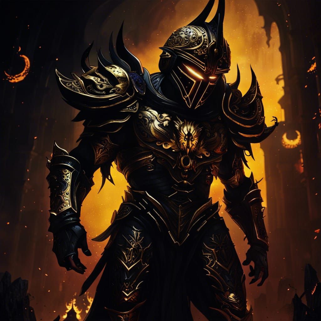 Male emperor in black and golden armor bloody intimidating h...