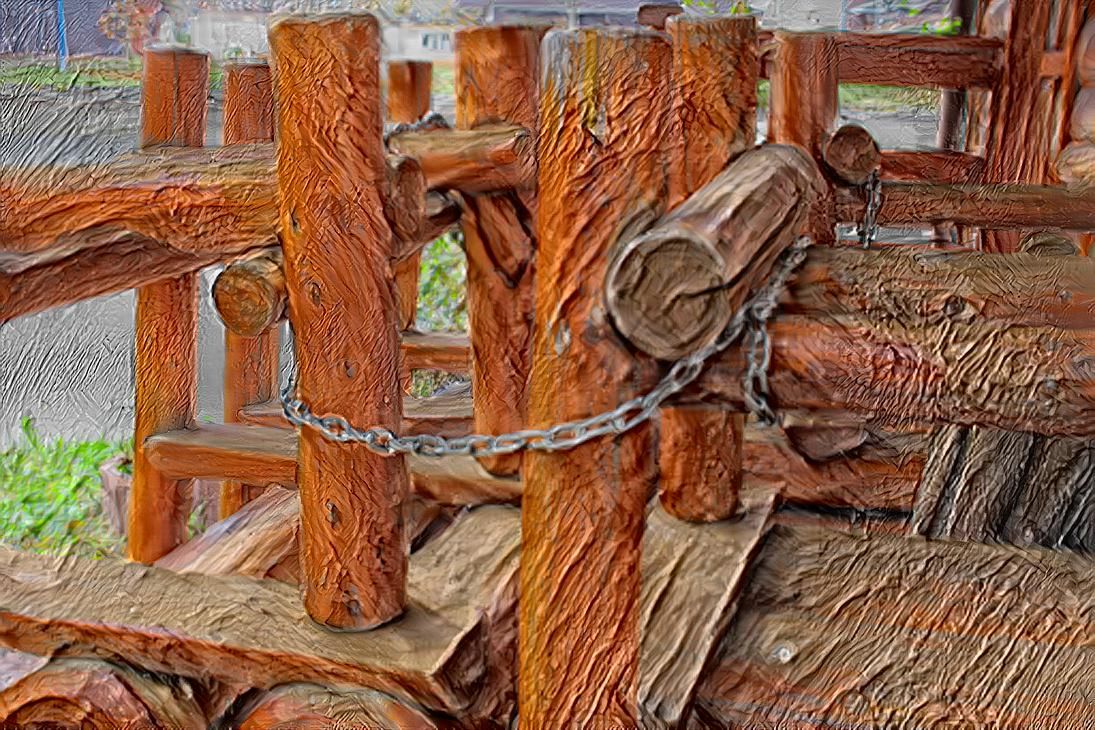 Wooden logs tightened with chains