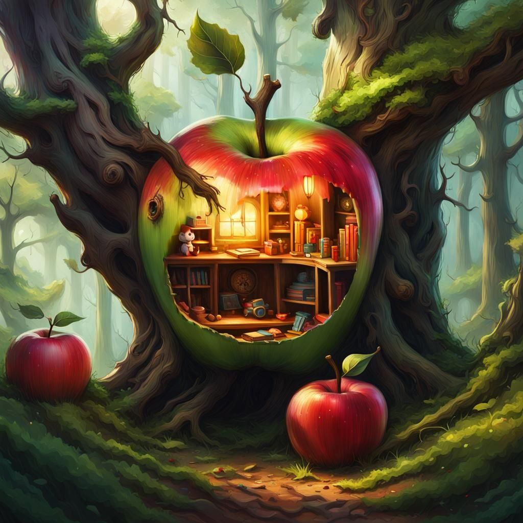 An apple with miniature living room