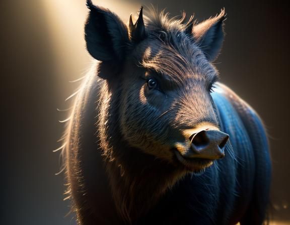 close-up wild boar shrouded in darkness, oil paint on old ca...