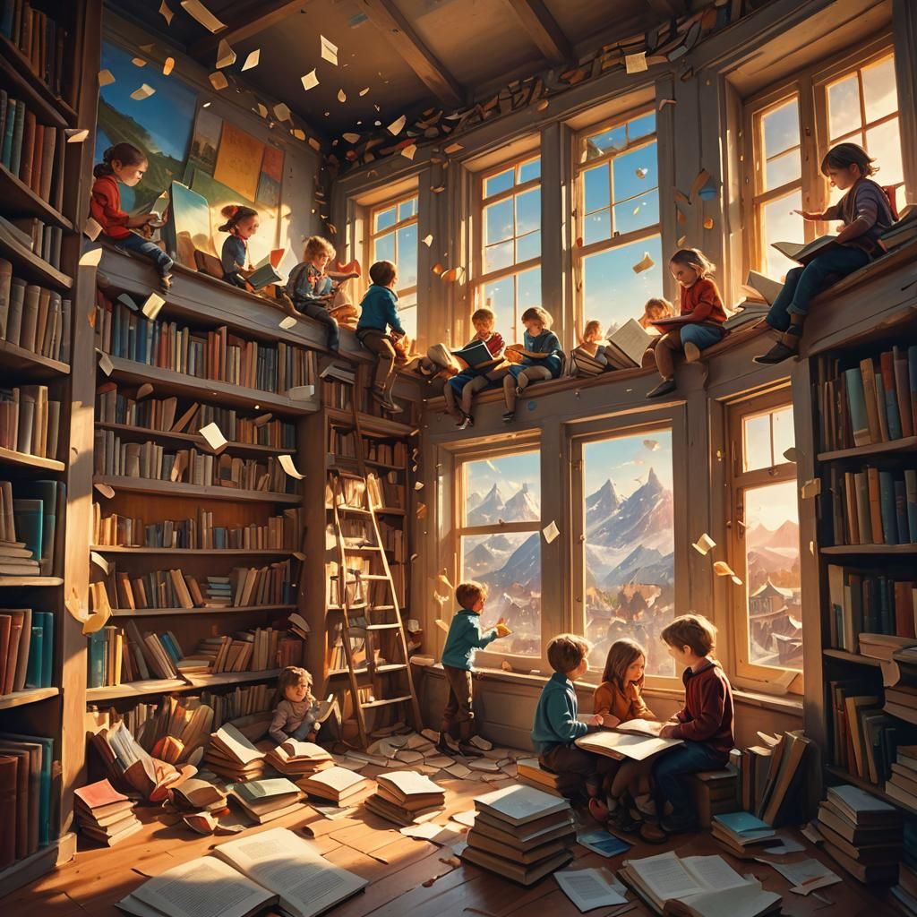 Children Catching Books in Whimsical Fantasy Art