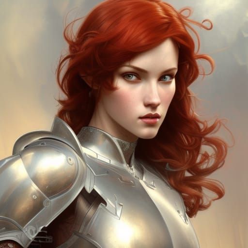 Female, short red hair, paladin, silver armor, magnificent, ...