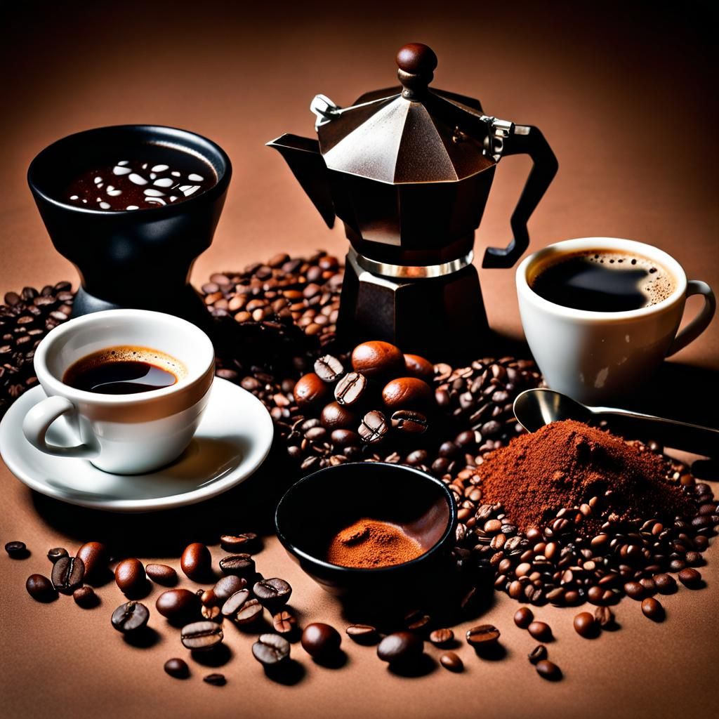 A still life with coffee, espresso, Turkish coffee, Cuban coffee and a