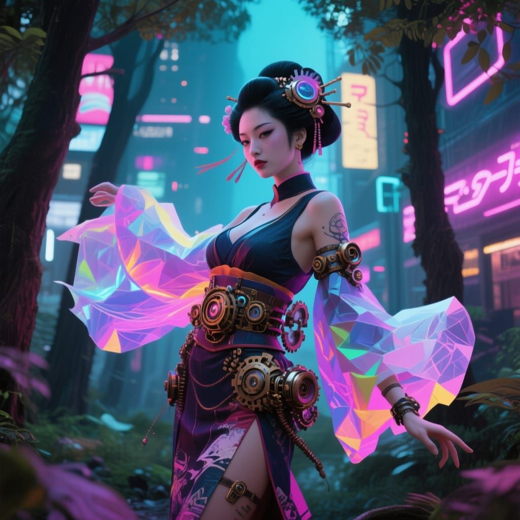 Spectral Geisha in Neon Cyberpunk Cityscape
