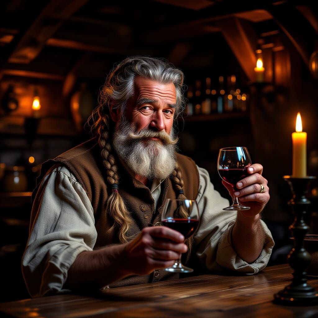 Mittelalterlicher Schenkenraum am späten Abend; keine Gäste sind mehr da; der ältere Wirt mit Schürze und grauen Haaren ...