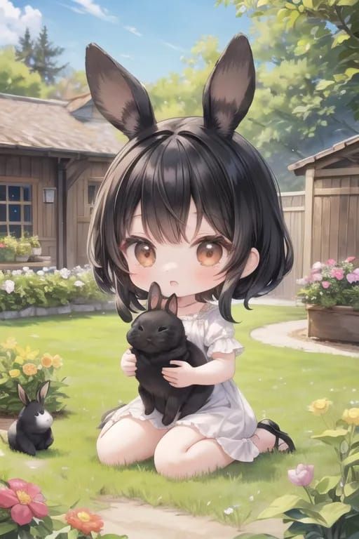 Moon happy with her rabbit in the garden