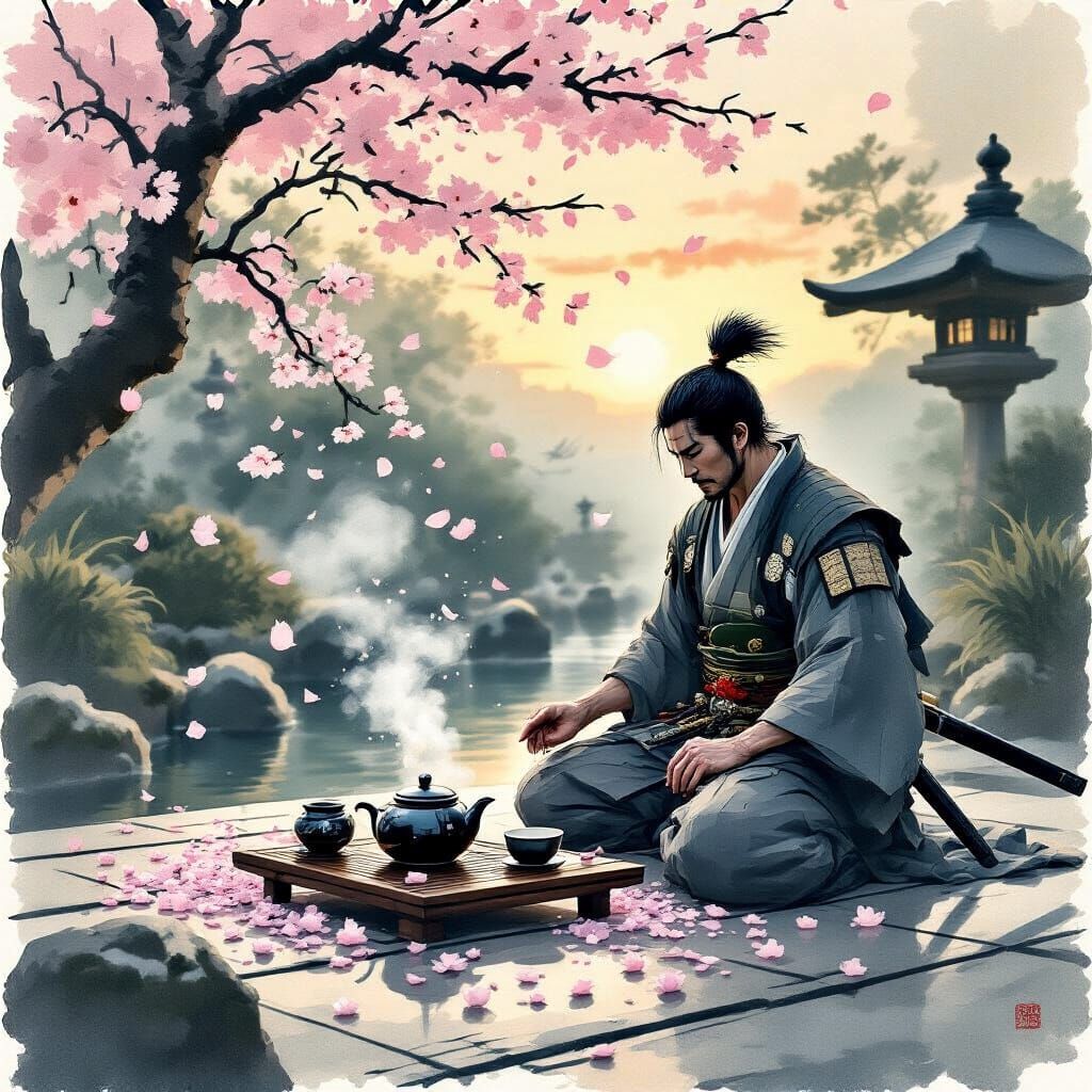 A serene Japanese garden at dawn, with cherry blossoms gently falling. In the foreground, a samurai warrior is attempting a graceful tea cer...