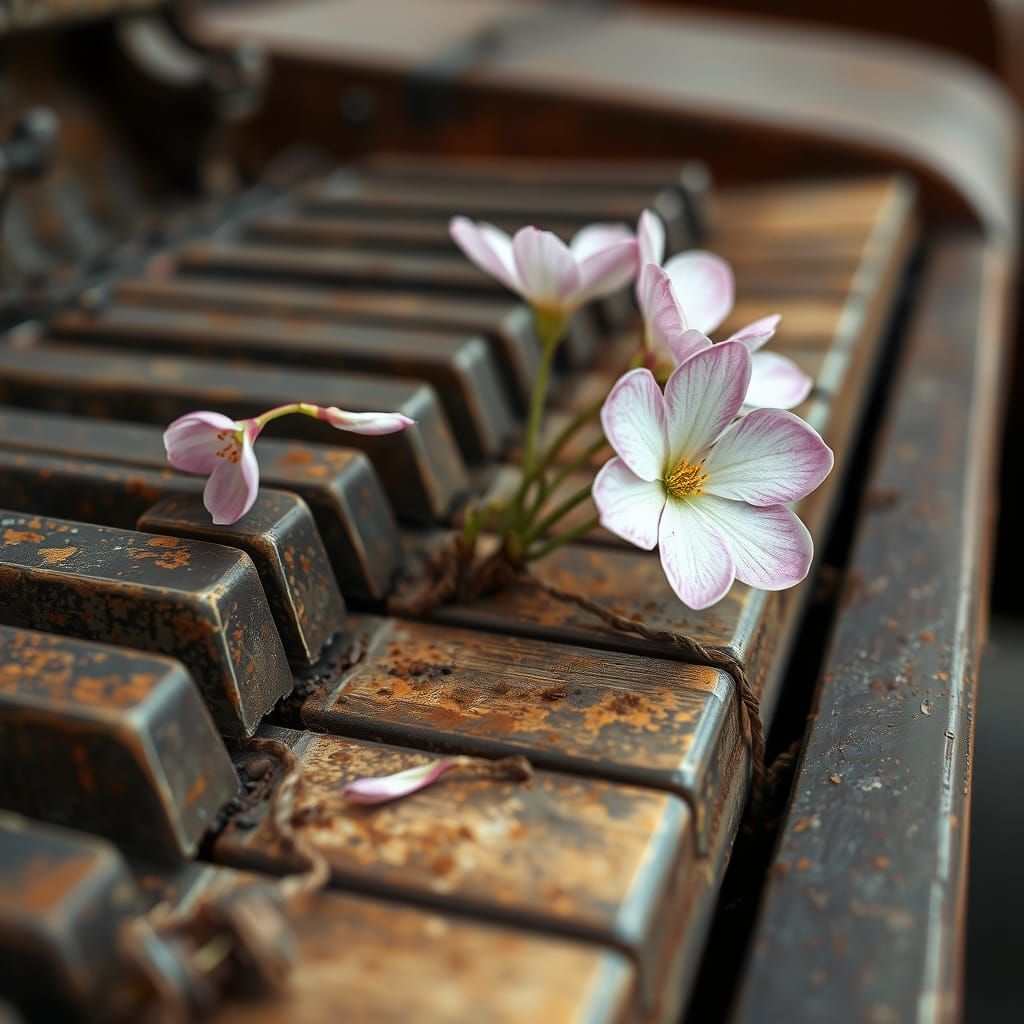 Rusty Piano Keys with Flowers in 3D