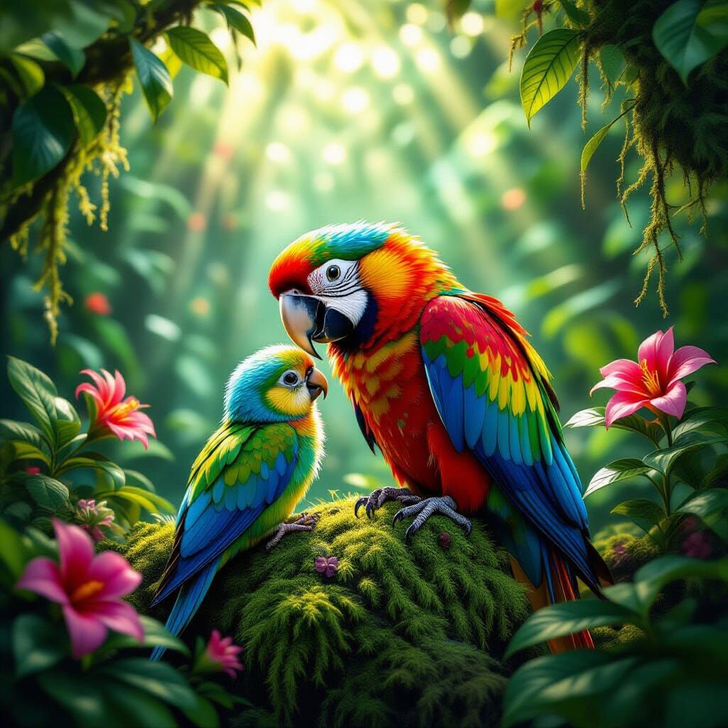 A parrot with a baby parrot in the jungle with lots of moss and flowers and rays of shimmering light.
