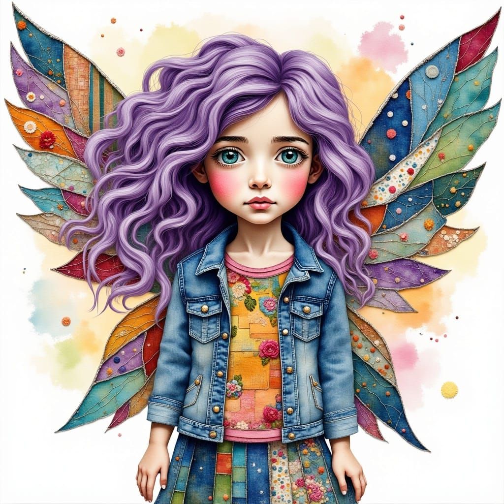 <lora:Impasto Patch:1.0> A beautiful fairy with long hair and patchwork wings in denim is entirely covered in different patchwork textures a...