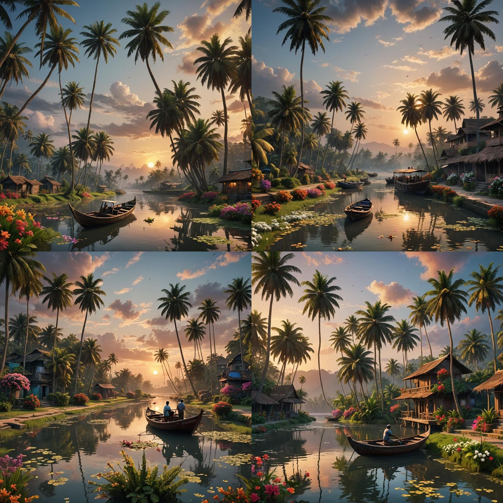 palm trees, boat, sky, river, 8k, village, sunrise, banglade...