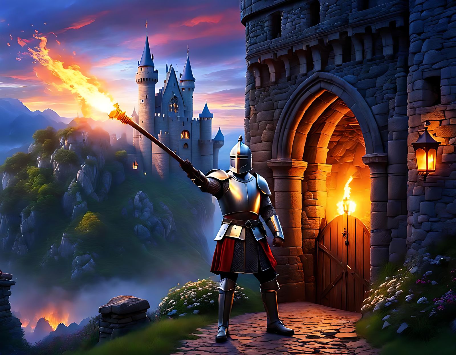 Medieval story, a knight gives a signal with a burning torch. - AI  Generated Artwork - NightCafe Creator