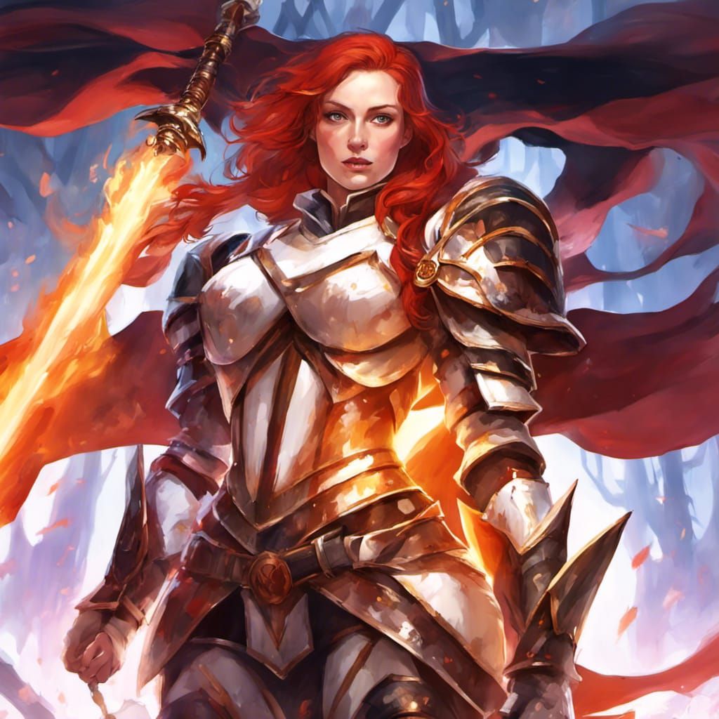 Redheaded Lady Knight, wearing White Armor with Black and Red ...