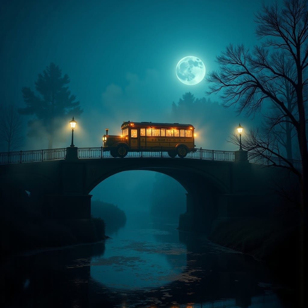  <lora:Glowing Hieroglyphs:1.0> A stagecoach crossing a bridge over a river on a misty night