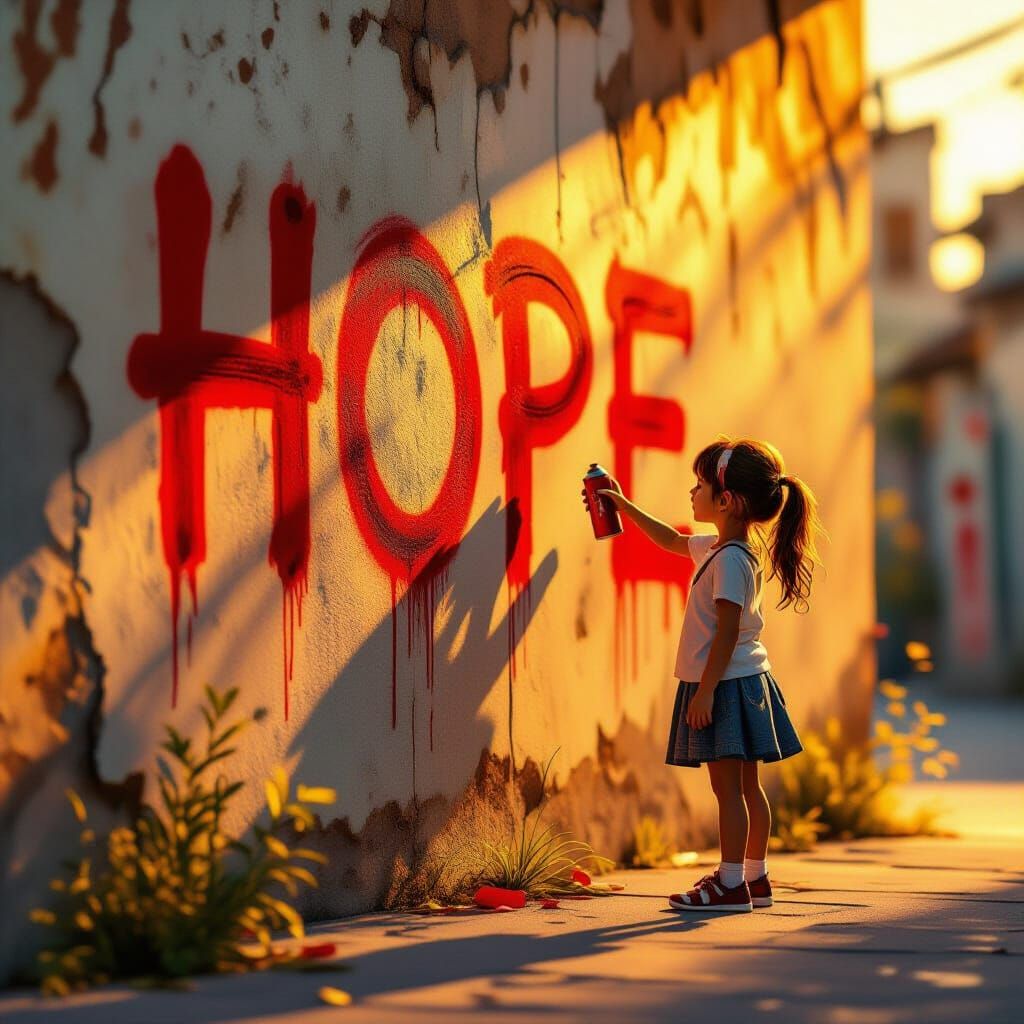 Girl Writes HOPE On Wall With Red Spray Can