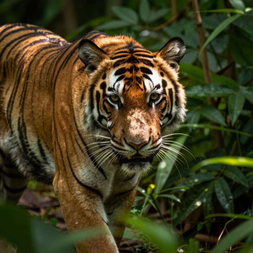Camouflaged Tiger Blends Seamlessly into Lush Jungle Foliage