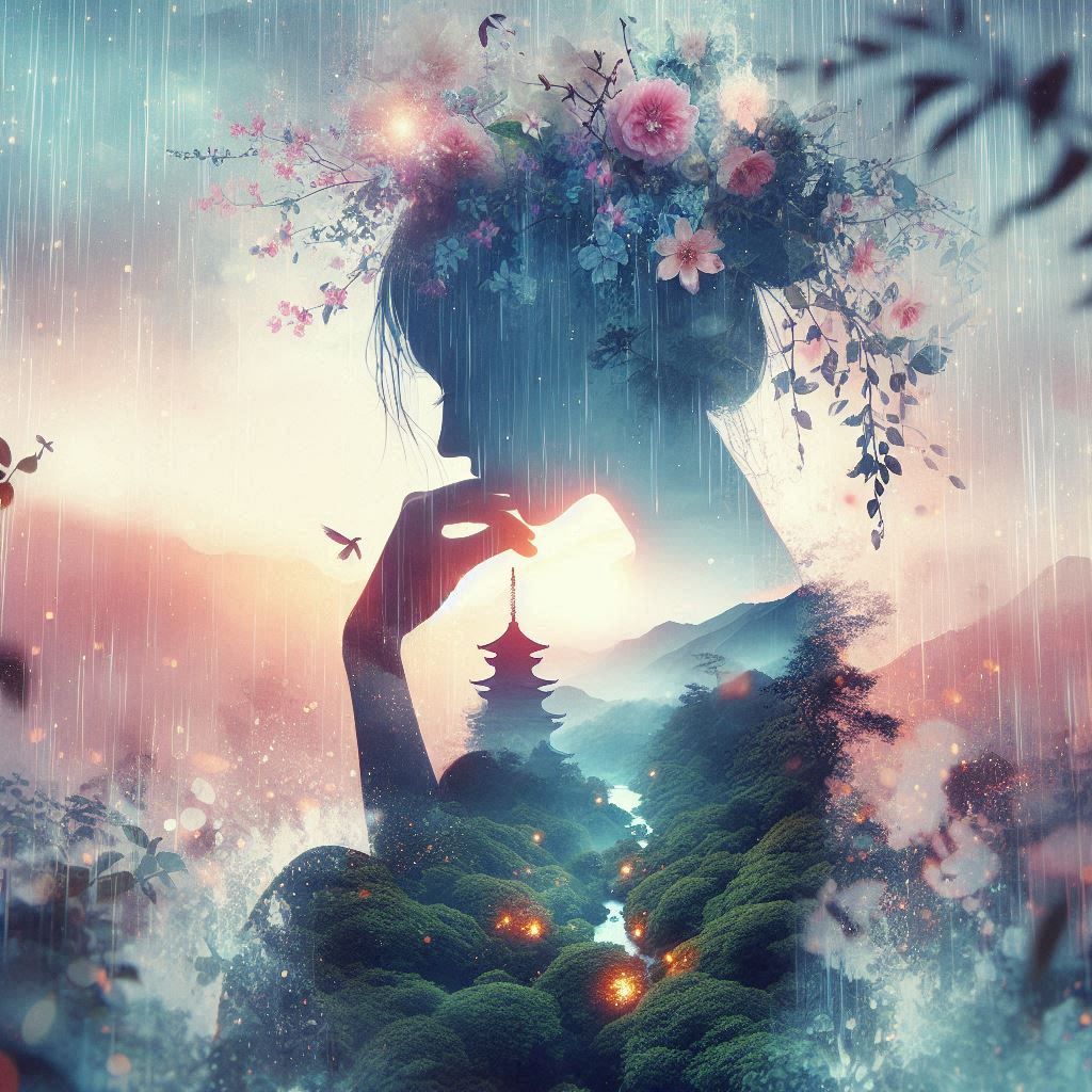 double exposure beautiful fantasy DALL-E 3 portrait landscape..