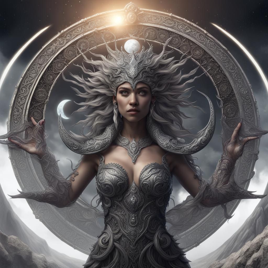 etheral sun and moon goddess black and silver themed