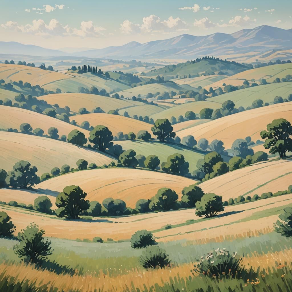 Impressionist Cream Landscape with Rolling Hills