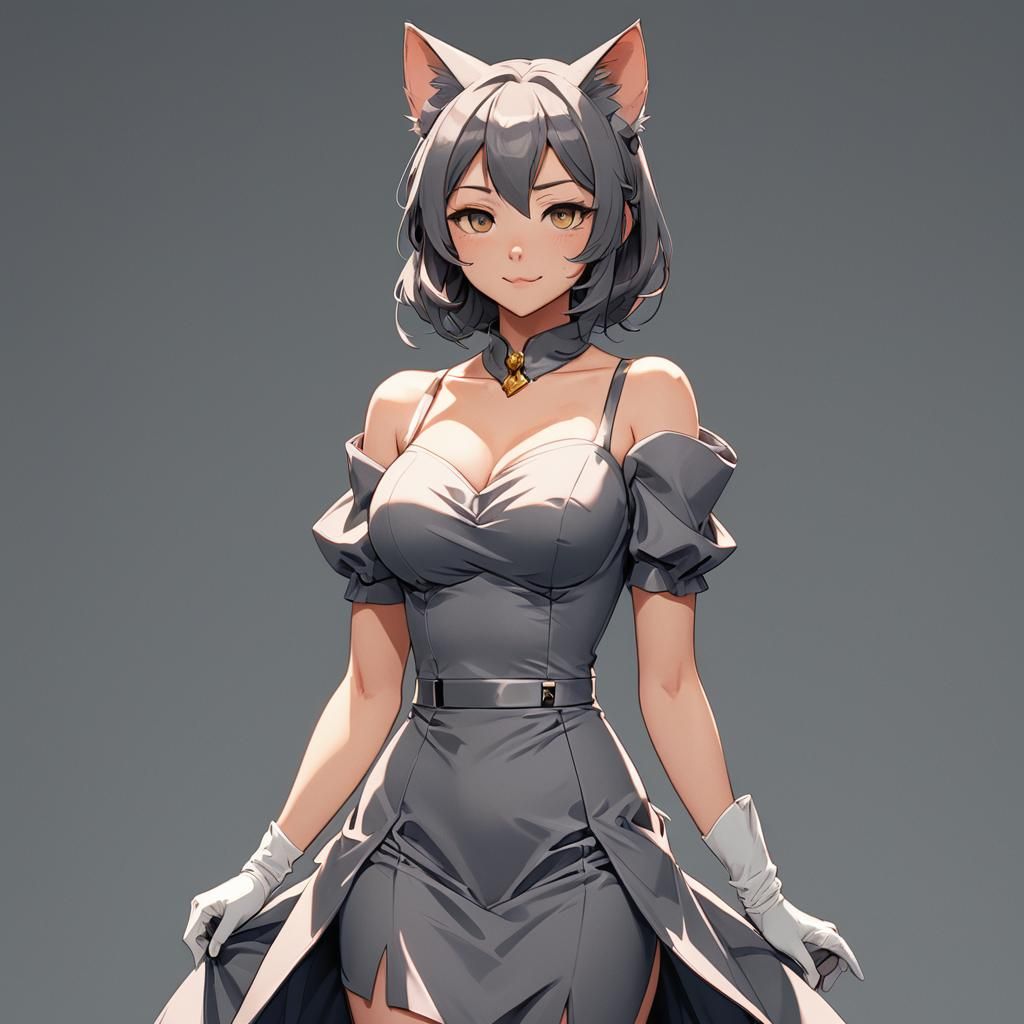 An anime cat girl in a high class dress