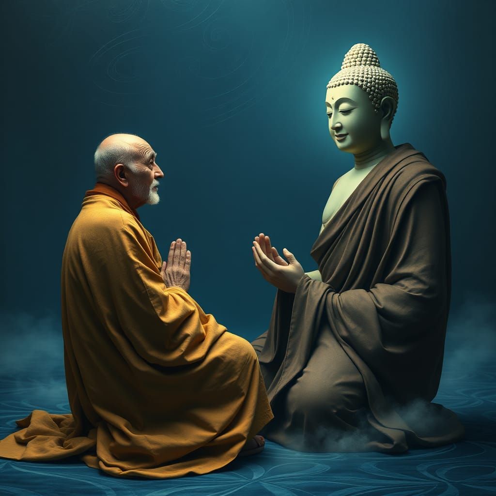 Surreal Buddhist Monk Reverence in Dreamlike Scene