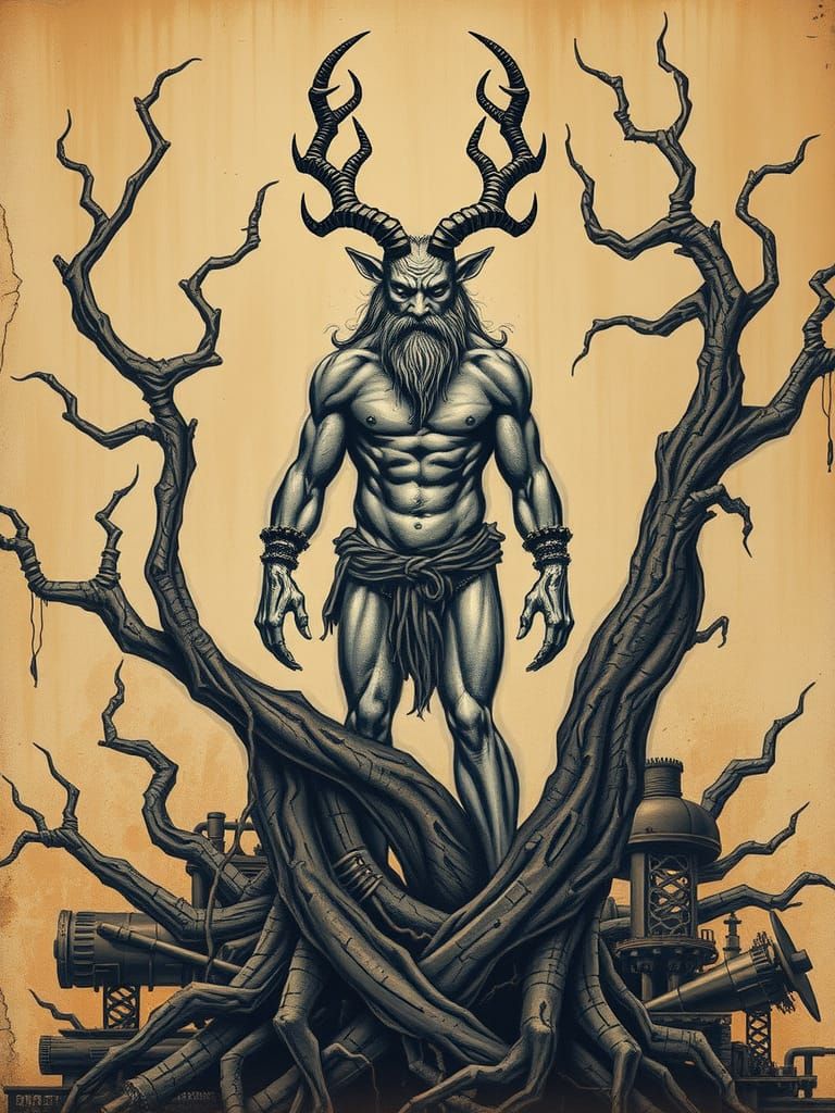 A depiction of a Celtic deity, Cernunnos, surrounded by elements of nature, dystopian chalk art, sepia acrylic art, fluxus holographic 