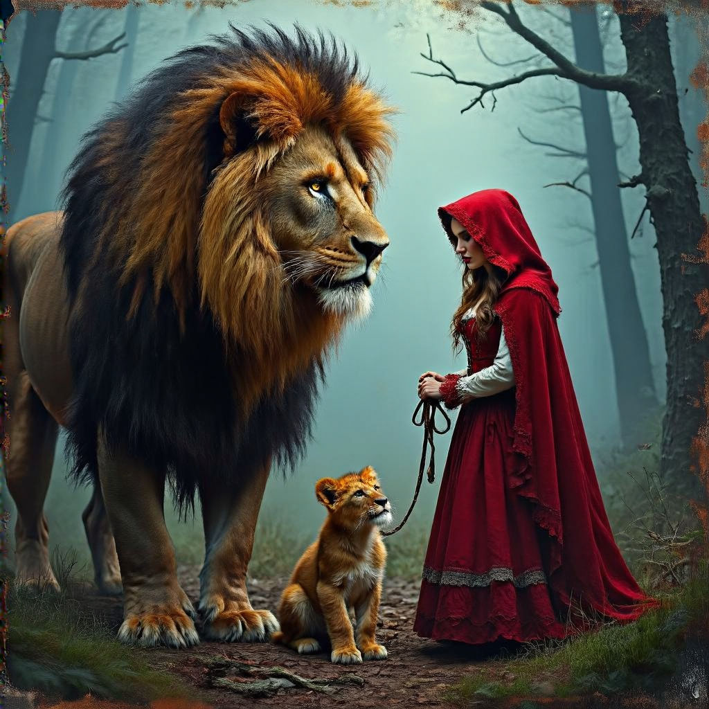 A Giant Lion standing while a beautiful red riding hood #3