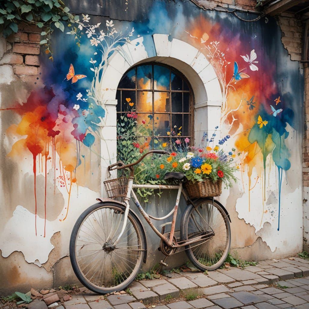 Wildflowers Bloom on Rusty Bicycle in Graffiti Alley