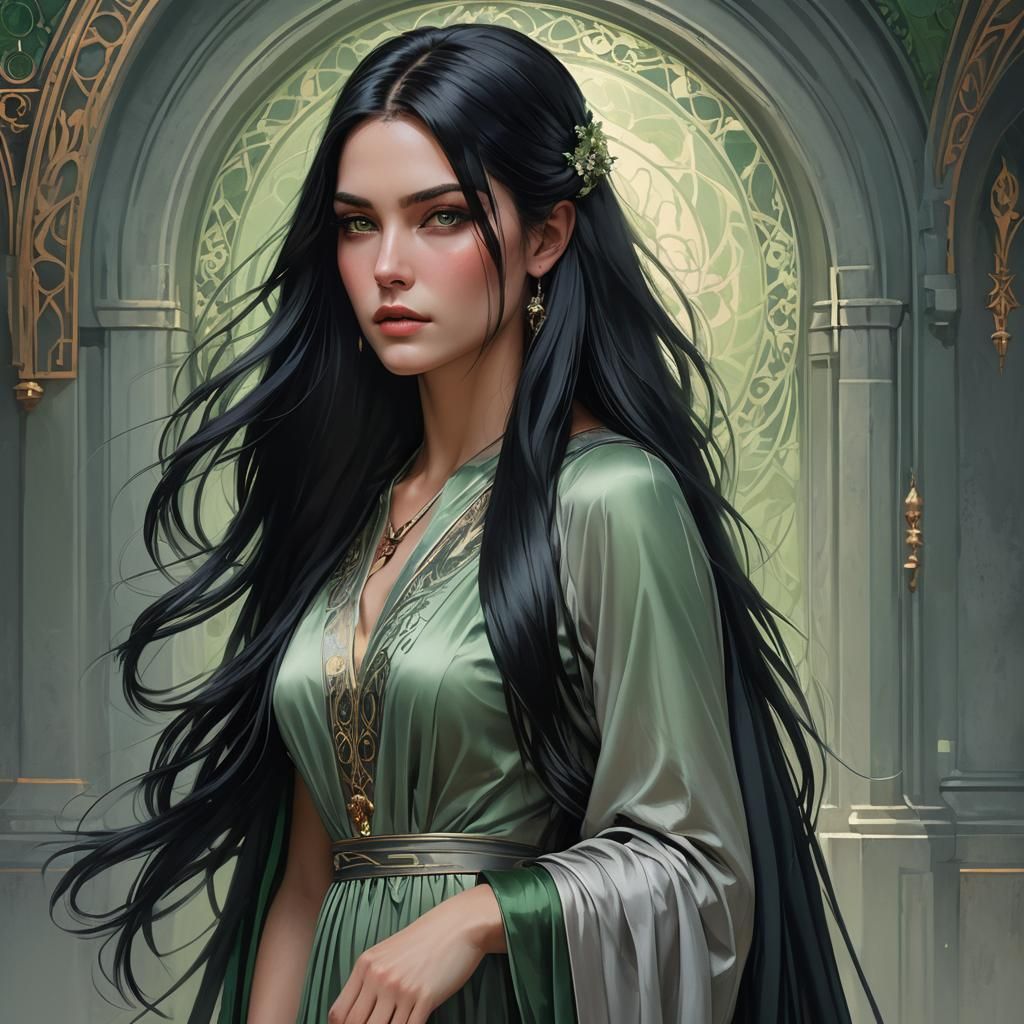 a beautiful young woman with long shiny black hair and a grey-green ...