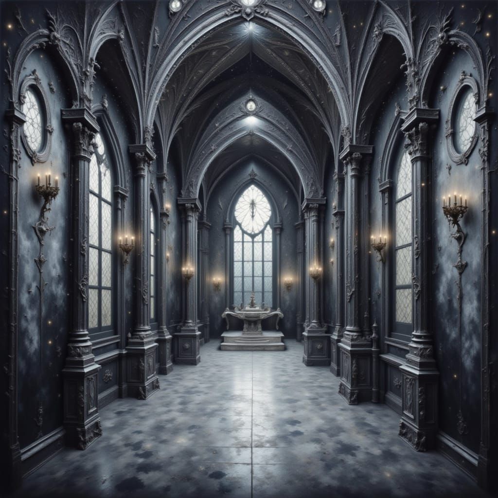 <lora:Celestial Intensity:1.0> Shimmering celestial abstract mansion hall, gray silver black, gothic renaissance oil painting, artistic pain...
