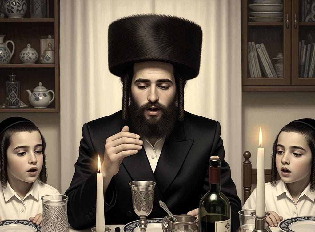 Hasidic Man Leads Sabbath Meal with Children