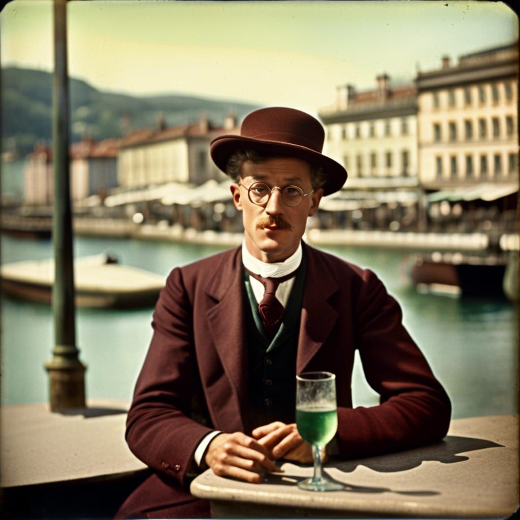 Autochrome portrait of a young James Joyce drinking a glass ...