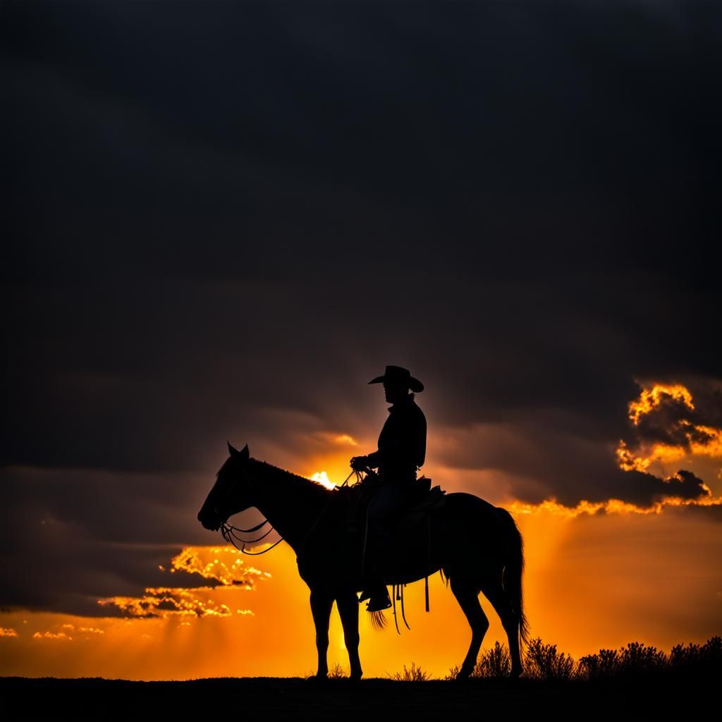 A moody sunset and a black silhouette of a cowboy - AI Generated ...