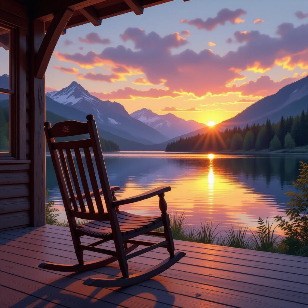 Cozy Cabin Rocking Chair Overlooking Mountain Lake