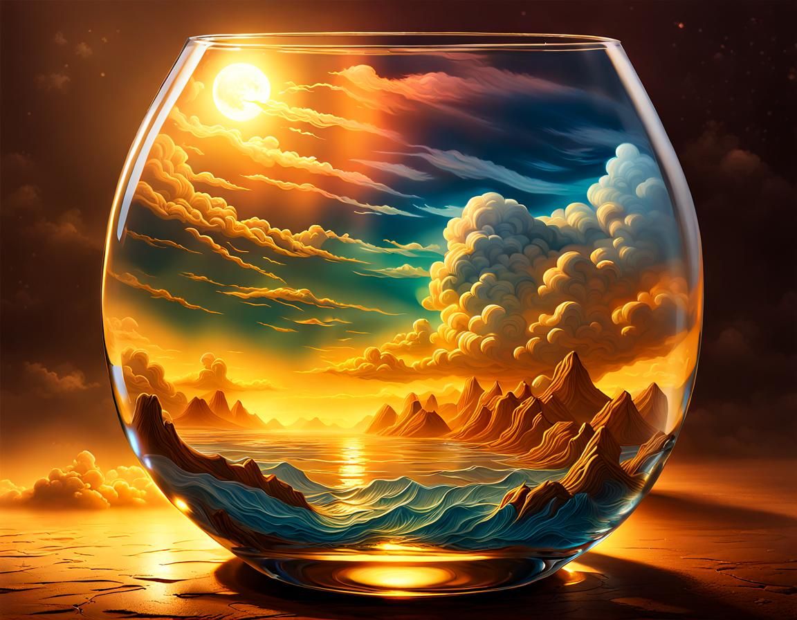 Storm in a glass, Golden hour fantasy, dynamic colors, airbrush art, 3D, superb lighting  by @Carlotta Cavalli