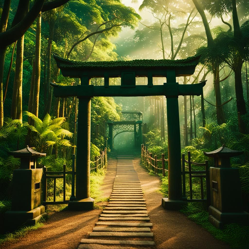 A Tori gate, in a path of tropical forest  by @Cody Martins