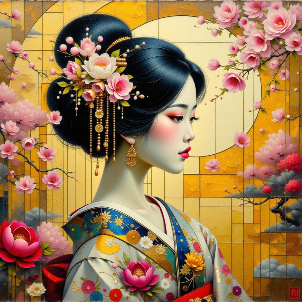 Art Deco Geisha Portrait with Cherry Blossoms