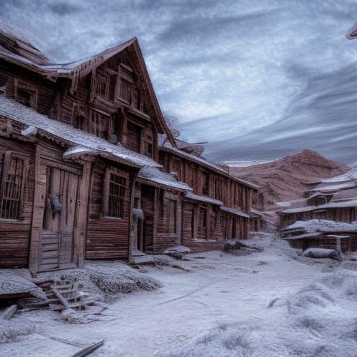 Desert ghost town after snowfall