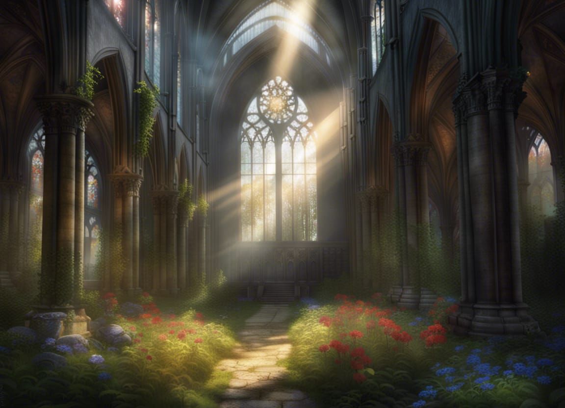 Gothic cathedral ruins in a forest