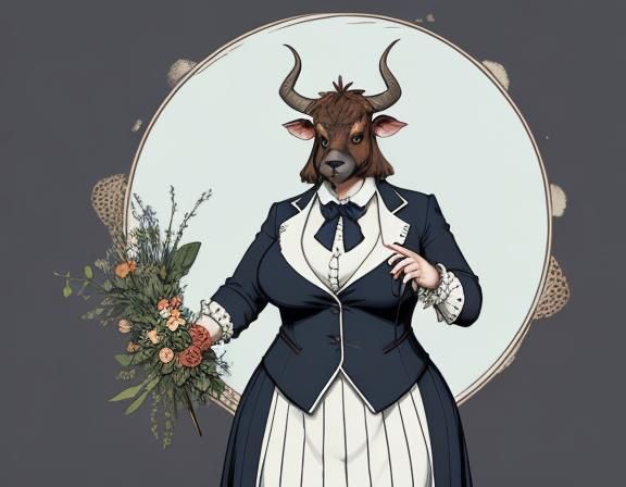 An illustration of a	female	Anthropomorphic plus-sized	Minotaur	Sage	Character, wearing conservative ...  by @undefined