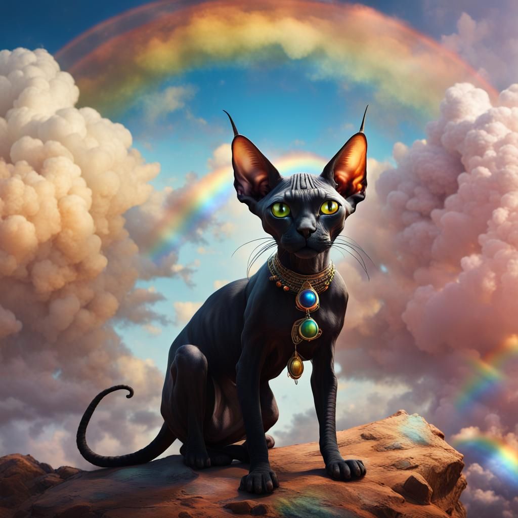 A black sphynx cat with a third eye and huge horns, above ra...