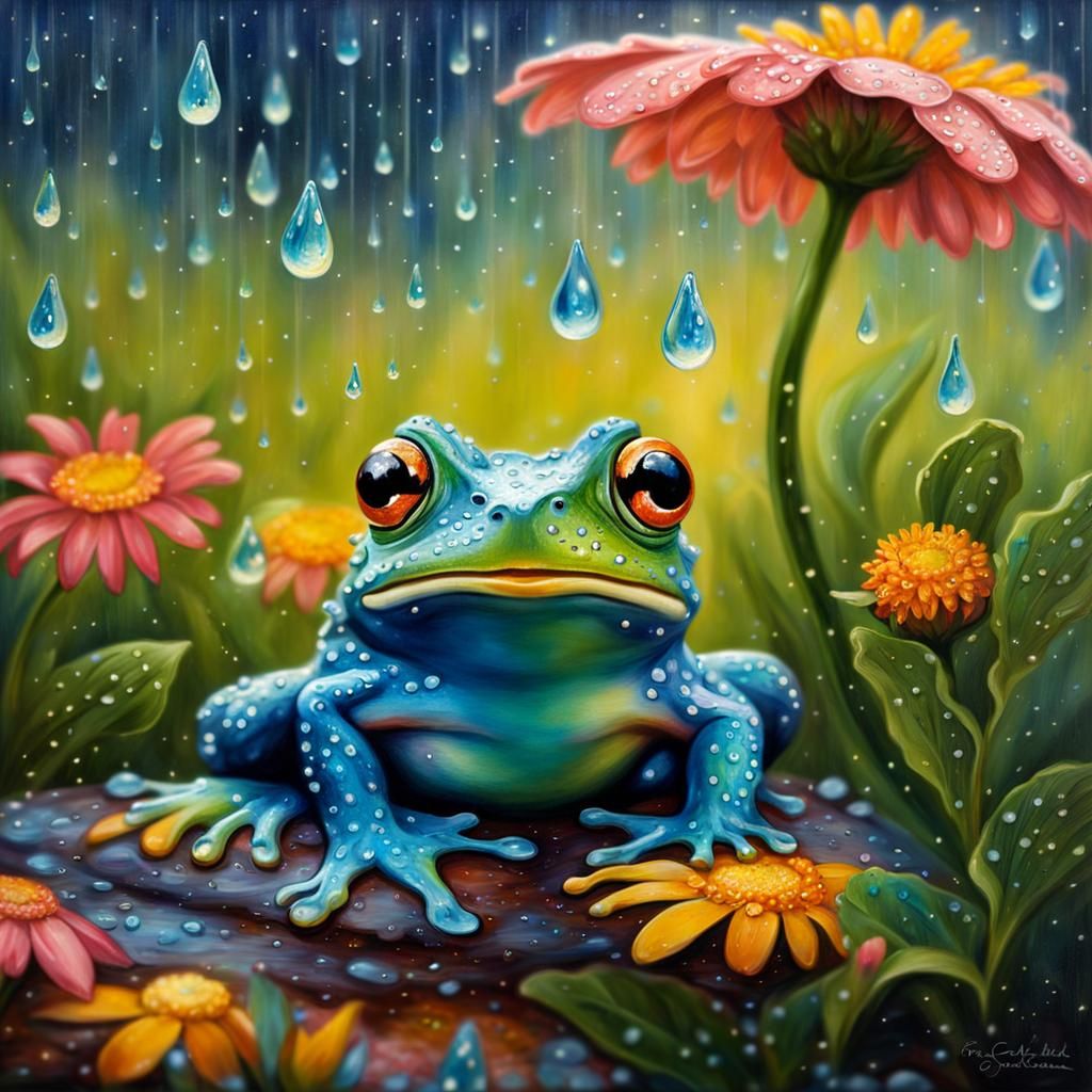 A raining scenery where a cute happy frog is under a flower soaking wet  frog is looking up at the raindrops ...  by @Kathy A Lindsey