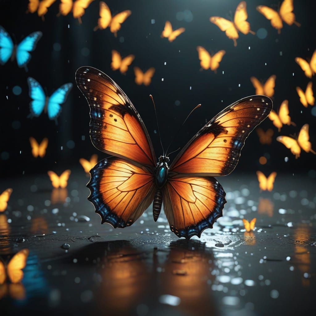 A mesmerizing realistic butterfly.made of 0's and 1's cascading in the background, cinematic lighting 